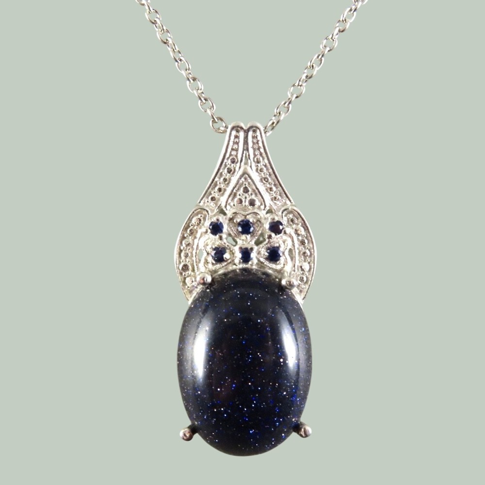 STERLING SILVER 20" Chain Necklace KARIS BLUE OVAL SUNSTONE & SAPPHIRE PENDANT